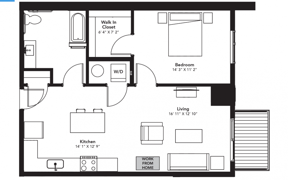 B6 - 1 bedroom floorplan layout with 1 bath and 798 square feet.