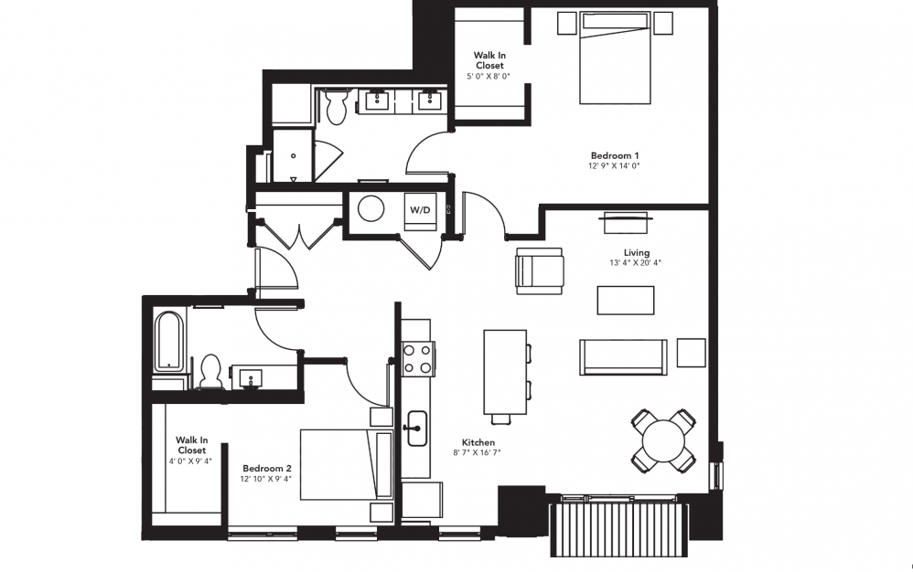 C8 - 2 bedroom floorplan layout with 2 baths and 1284 square feet. (2D)