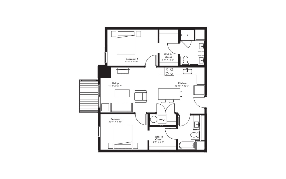 C6 - 2 bedroom floorplan layout with 2 baths and 999 square feet.