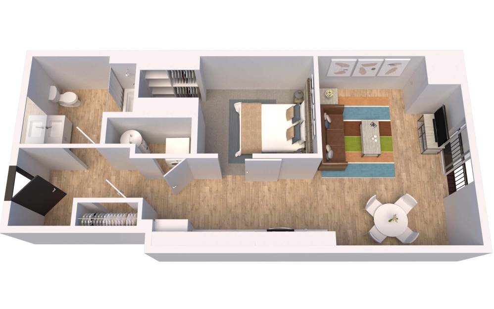 A2 - Studio floorplan layout with 1 bathroom and 725 square feet (3D)