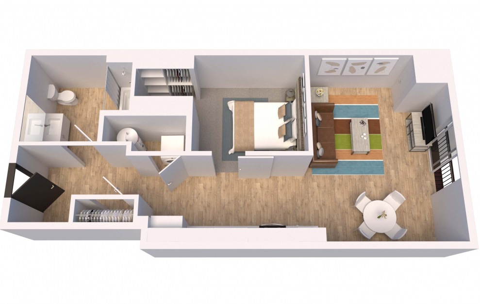 A2 - Studio floorplan layout with 1 bath and 725 square feet. (3D)