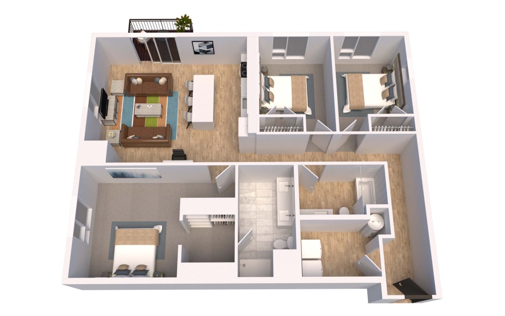 C12-DDG - 3 bedroom floorplan layout with 2 bathrooms and 1367 square feet (3D)