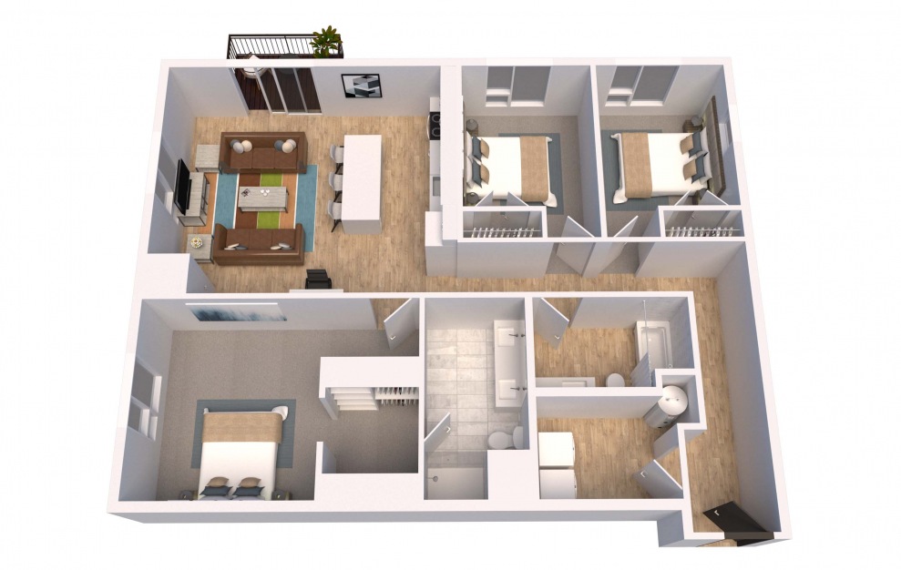 D1 - 3 bedroom floorplan layout with 2 baths and 1367 square feet. (3D)