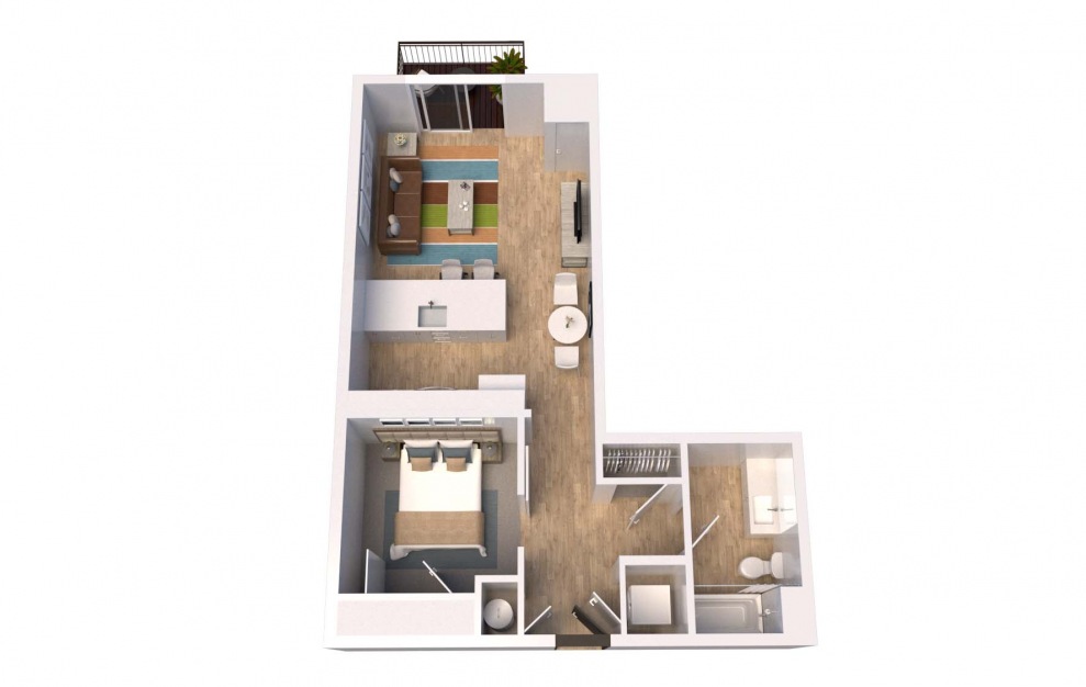 A1 - Studio floorplan layout with 1 bath and 686 square feet. (3D)